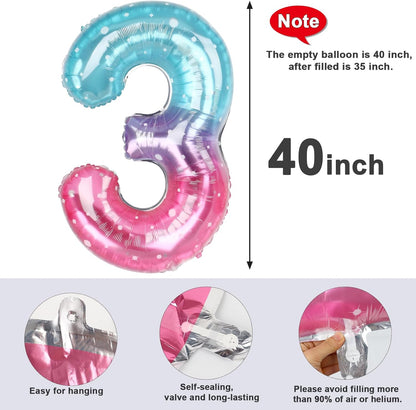Numbers Balloon - 40 Inch Large Pink, Purple & Blue Birthday Decor for Three-Year-Old Celebrations