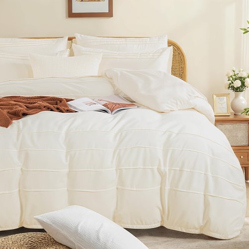 NEXHOME PRO 100% Organic Cotton Duvet Cover Full,Linen Like Pleated Textured Ivory Duvet Cover Set,3pc Bedding Set with Zipper Closure, Soft,Lightweight and Breathable (80"x90", No Comforter)