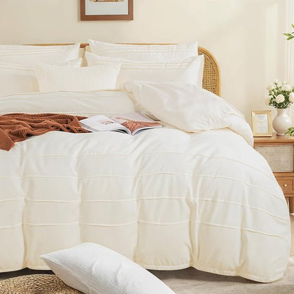 NEXHOME PRO 100% Organic Cotton Duvet Cover Full,Linen Like Pleated Textured Ivory Duvet Cover Set,3pc Bedding Set with Zipper Closure, Soft,Lightweight and Breathable (80"x90", No Comforter)