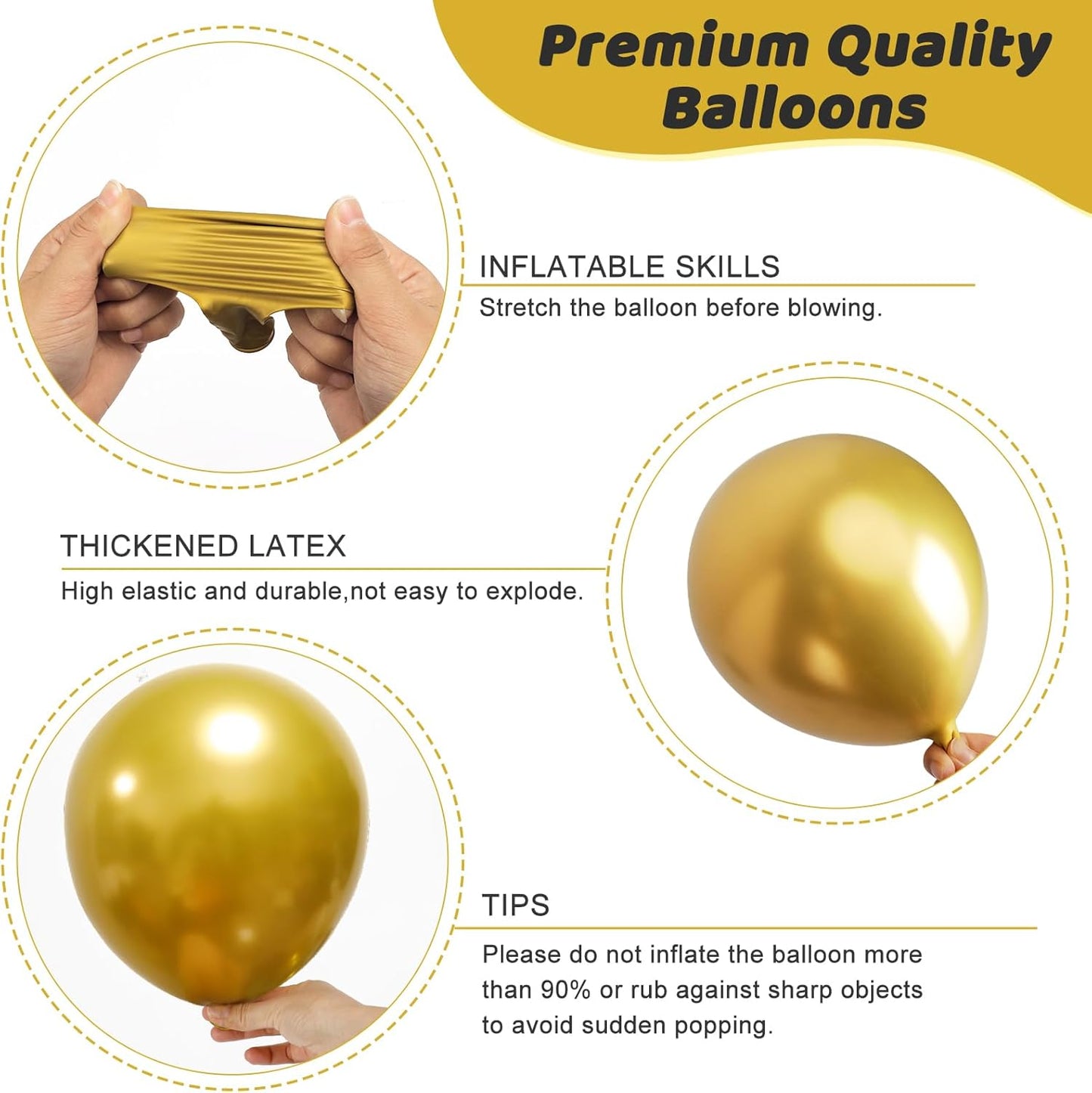 RUBFAC Gold Balloons - 135pcs Latex Metallic Set in 5-18 Inch Sizes for Birthday & Wedding Decor