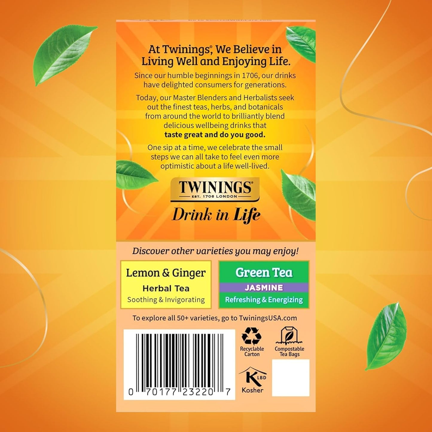Twinings Peach & Orange Herbal Tea - Juicy & Fruity, Caffeine-Free, 20 Individually Wrapped Bags (Pack of 6)