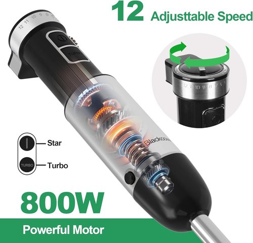 Blackcow Immersion Blender - 800W Electric Hand Blender with Titanium Alloy Blades | 12 Speeds & Turbo for Smoothies, Soups, and Baby Food