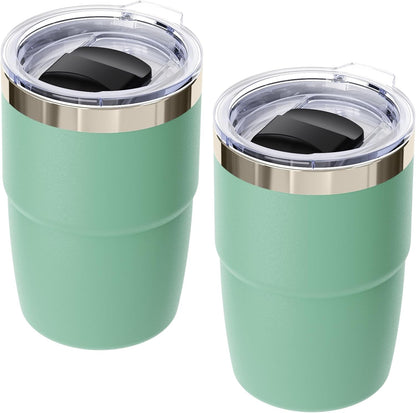 Skiennix 8 oz Small Coffee Cup - Magnetic Lid, Double-Wall Insulated, Dishwasher Safe | Seafoam, 2 Pack