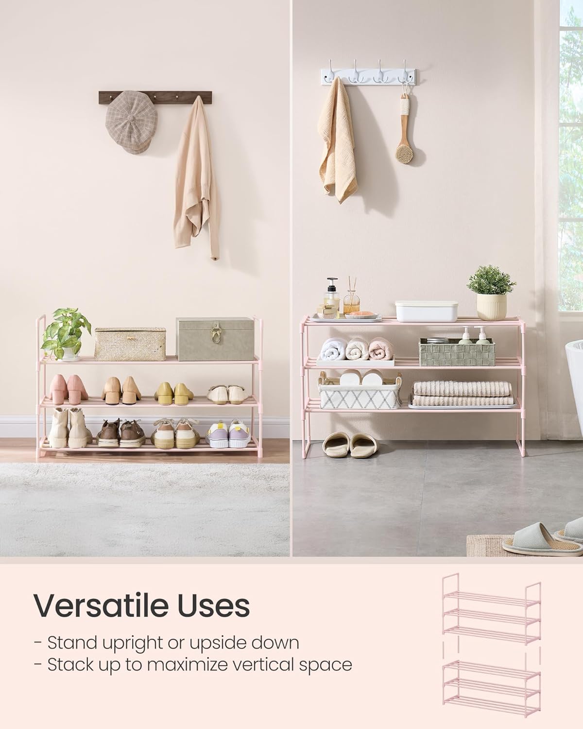 SONGMICS 3-Tier Shoe Rack - Stackable Metal Organizer for 16-20 Pairs | Jelly Pink, 11.8 x 36.2 x 21.7 Inches