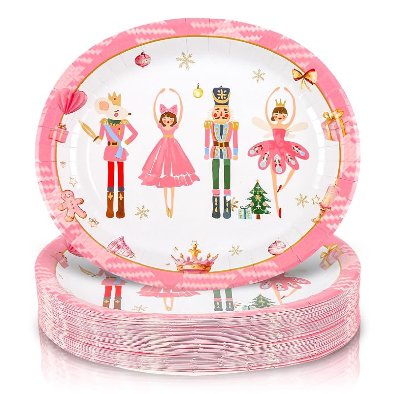 Christmas Pink Nutcracker Heavy-Duty Paper Plates, 10 x 12 Inch, Disposable Holiday Dinnerware - 50 Pack
