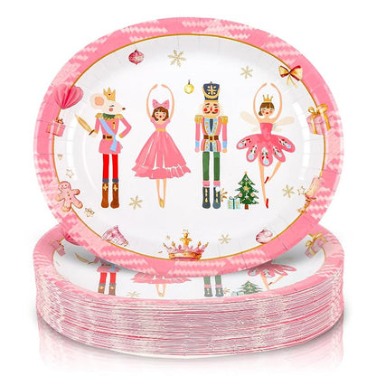 Christmas Pink Nutcracker Heavy-Duty Paper Plates, 10 x 12 Inch, Disposable Holiday Dinnerware - 50 Pack