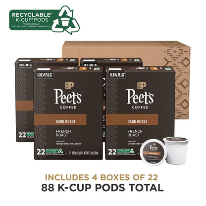 Peet's Coffee Dark Roast K-Cup Pods - 100% Arabica French Roast, 88 Count (4 Boxes of 22 Pods)