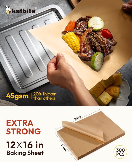 Katbite Parchment Paper - 300 Sheets of Heavy-Duty, Unbleached Non-Stick Baking Paper | 12x16 In for Air Fryer & Grilling