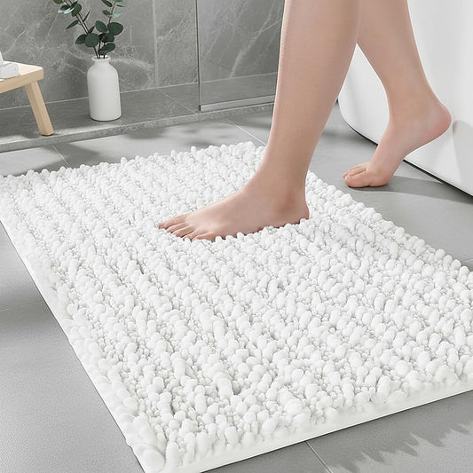 Skiennix Non-Slip Bathroom Rug - Extra Thick Soft Chenille, Quick Dry Plush Shaggy Mat | 32x20, White