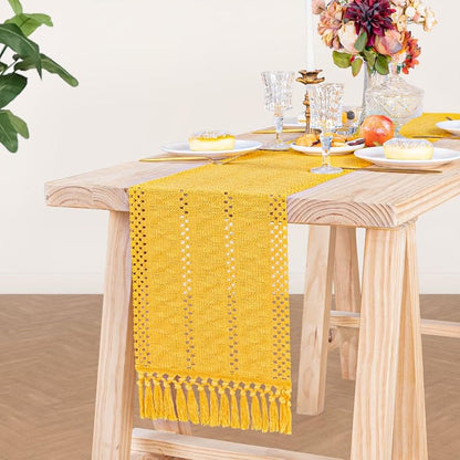 Mustard Yellow Macrame Table Runner 12 x 60 Inches with Tassels - Cotton Linen Blend, Boho Farmhouse Home Decor