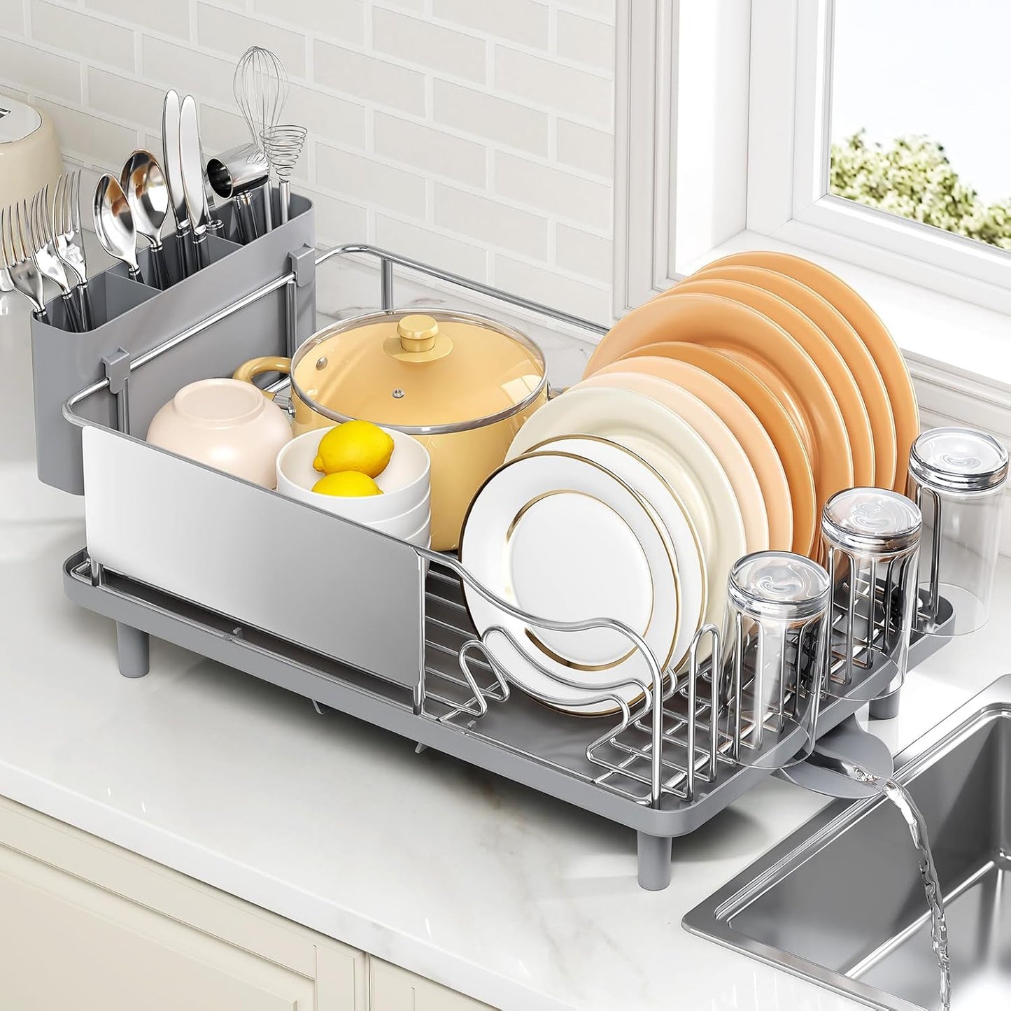 Skiennix Dish Drying Rack - Large Capacity Stainless Steel Kitchen Organizer with Auto Drain Spout | Gray