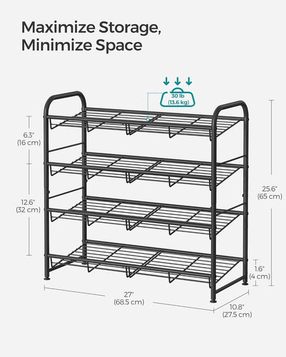 SONGMICS 4-Tier Shoe Rack - Stackable Metal Storage Shelf for 16 Pairs | Adjustable Slanted Design, Black