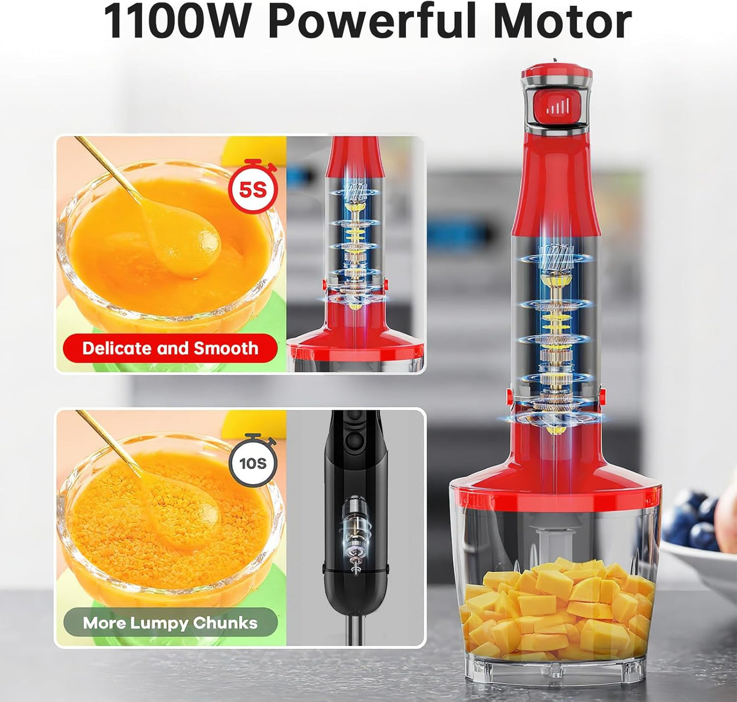 Skiennix Immersion Blender - 1100W Handheld Stick Blender Set with Variable Speed, Chopper, Whisk & Frother - Christmas Red