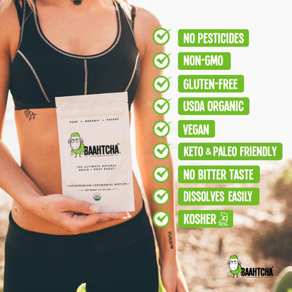 Baahtcha - USDA Organic Matcha Green Tea Powder - Premium Ceremonial Grade - Value Size Lowest Price - Natural Caffeine Energy Drink Mix, Antioxidant - 70g