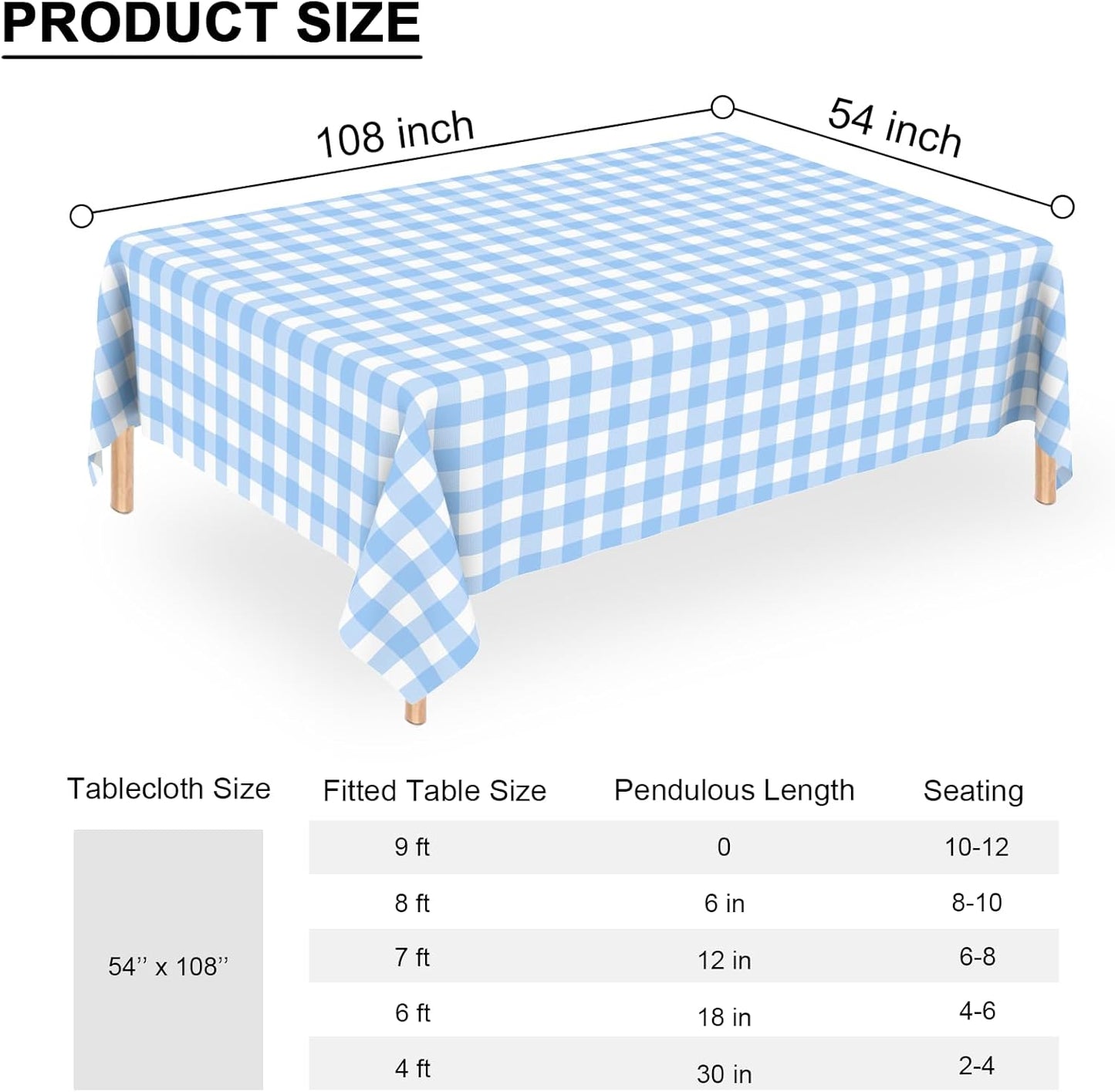 Skiennix Light Blue Gingham Tablecloth - Disposable Waterproof Rectangular Cover | 54" x 108" for Parties & Picnics