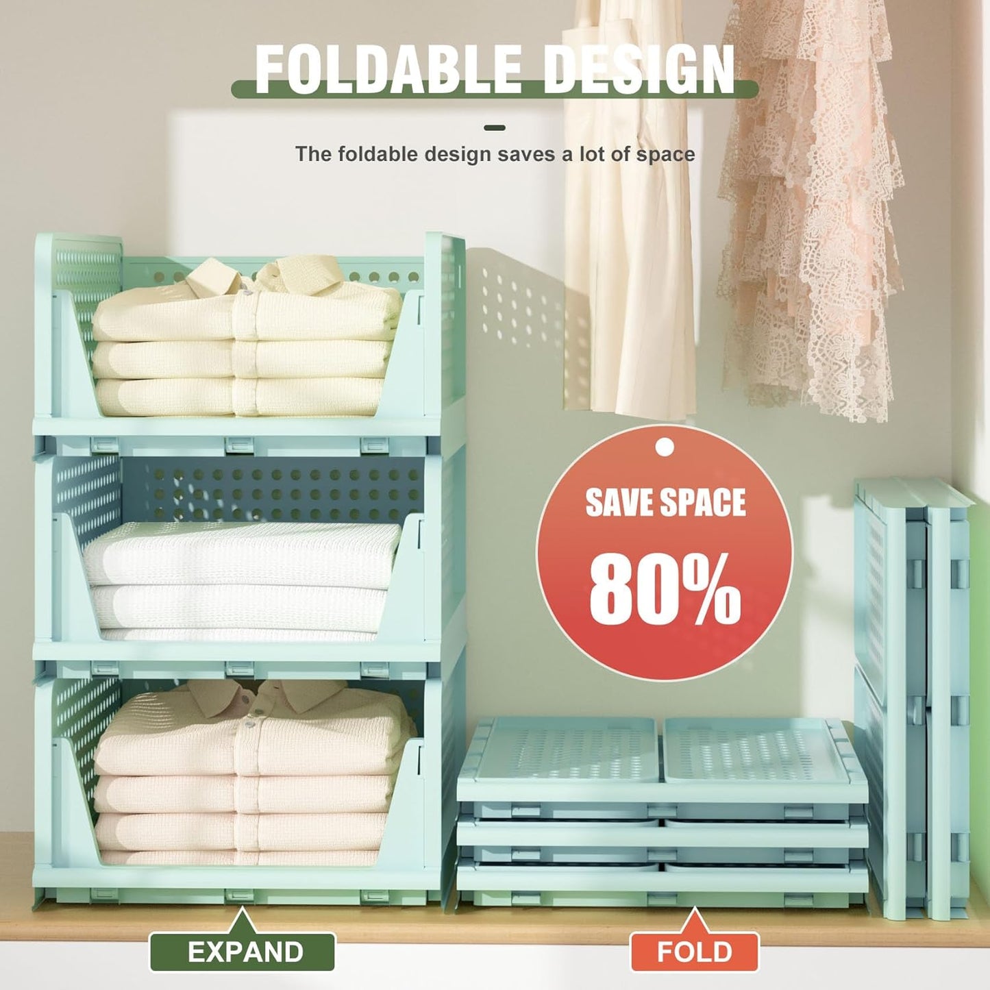 Stackable Plastic Storage Drawers - Closet Organizer Bins for Clothes | 5 Green Open Storage Bins