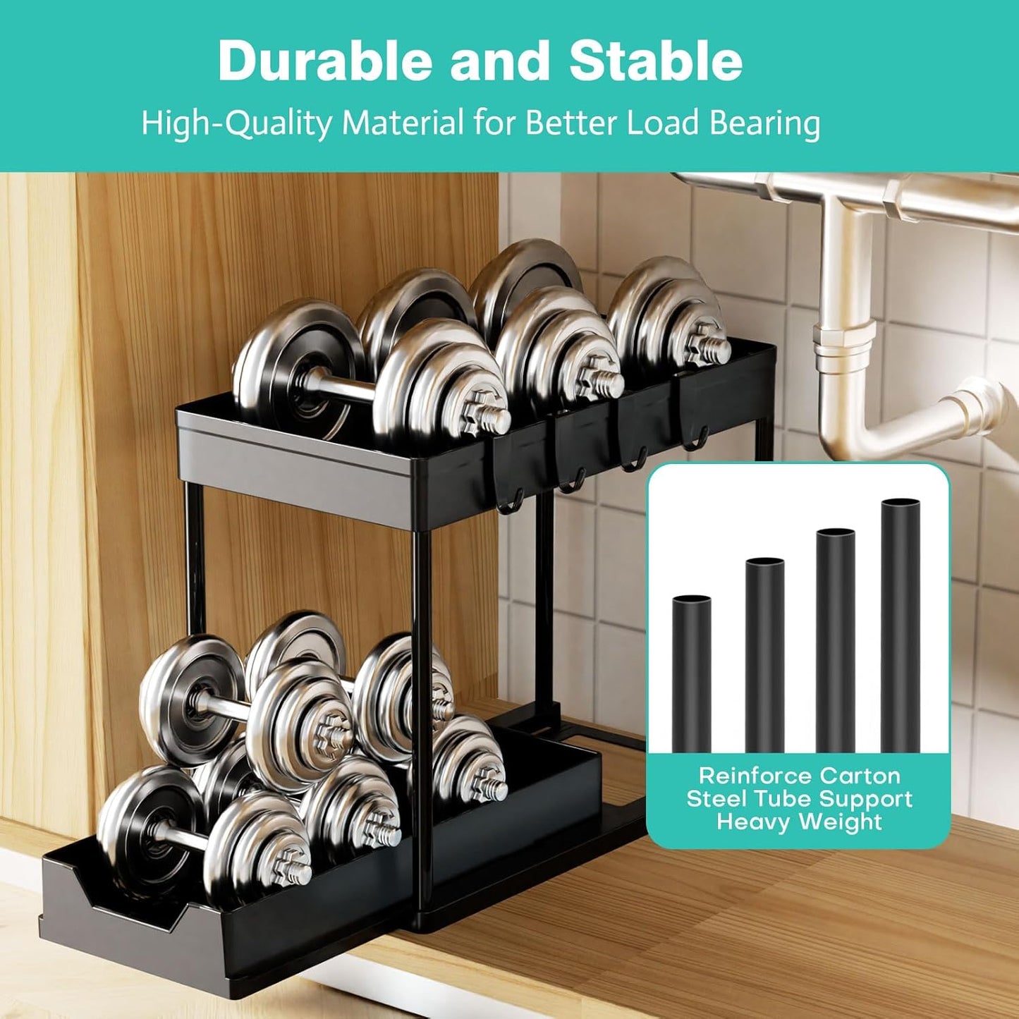 Under Sink Organizers by [Brand Name] - 2 Pack Pull-Out Sliding Cabinet Organizer with 2-Tier Storage Shelf & 4 Hooks | Multi-Purpose for Kitchen & Bathroom (13 Inch, Black)