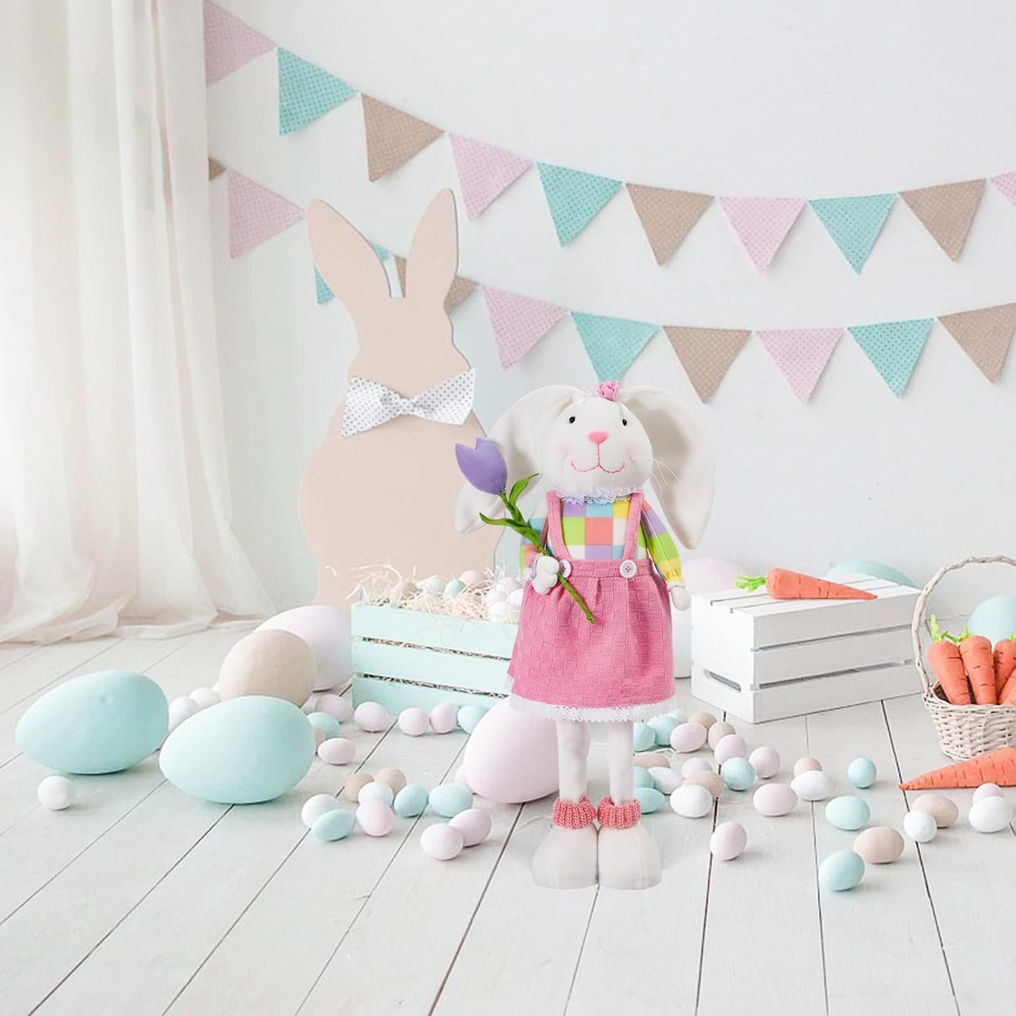 Skiennix Standing Easter Bunny Decor - Plush Gnome Figurine with Stretchable Legs | Cute Pink Spring Decoration for Home and Office