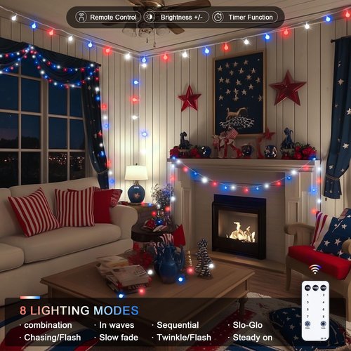 JMEXSUSS 100 LED Connectable Red, White, and Blue Globe String Lights - 33ft Indoor/Outdoor with Remote & 8 Modes for 4th of July Decor