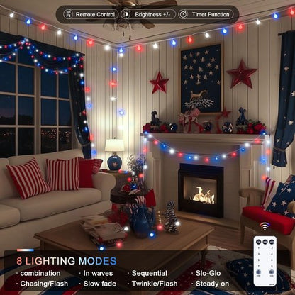 JMEXSUSS 100 LED Connectable Red, White, and Blue Globe String Lights - 33ft Indoor/Outdoor with Remote & 8 Modes for 4th of July Decor
