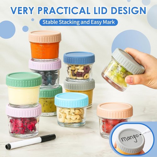 DRKIO Glass Baby Food Storage Containers - 4 Oz Leak-Proof Jars with Lids | Microwave & Dishwasher Safe