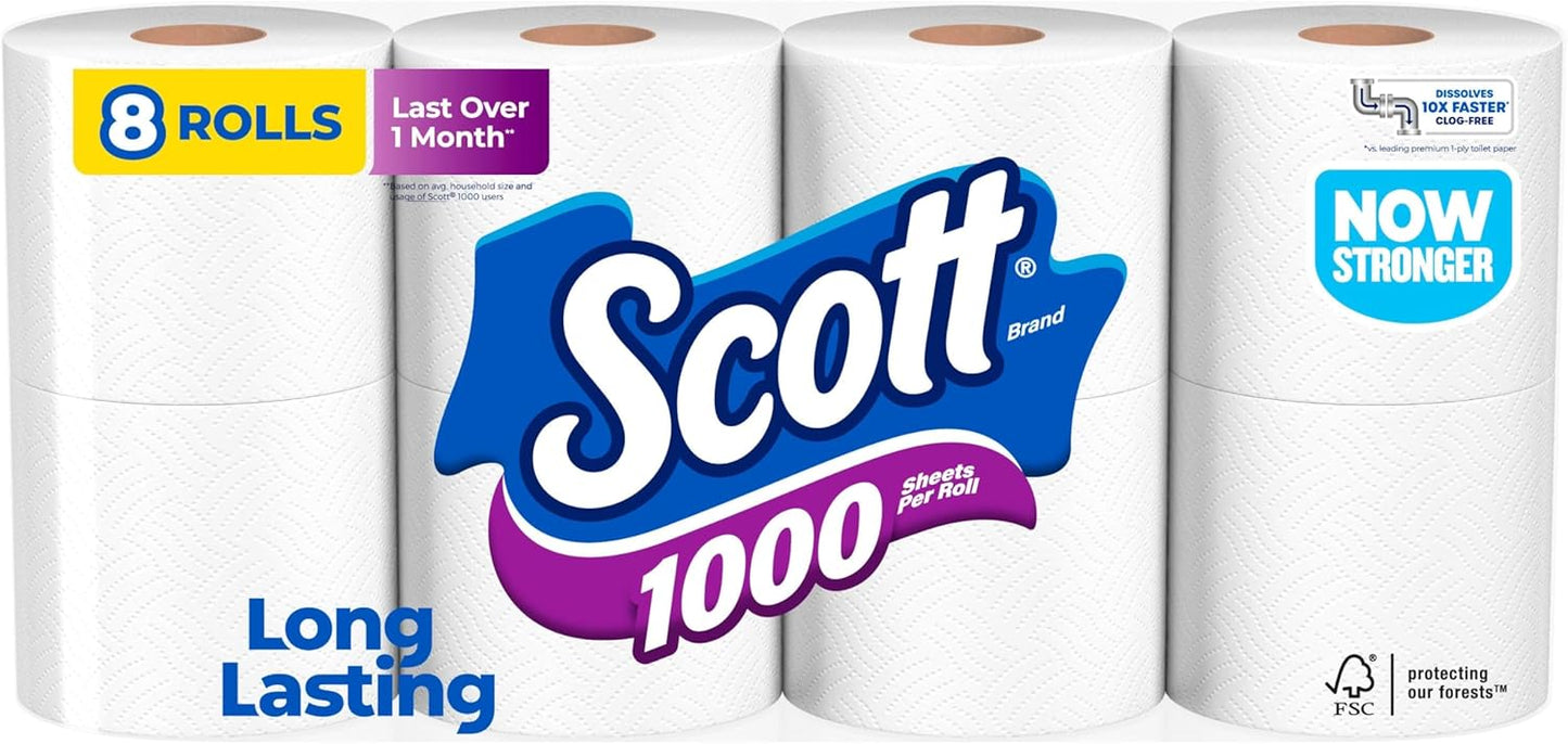Scott 1000 Toilet Paper - Septic-Safe 1-Ply Tissue, 8 Rolls for Ultimate Cleanliness