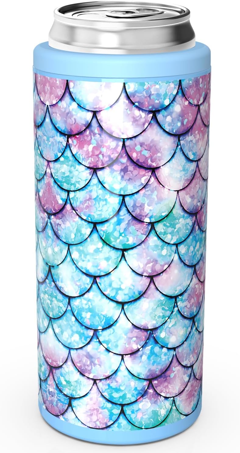TILUCK Slim Can Cooler - Insulated Stainless Steel for 12 oz Beer & Hard Seltzer | Fish Scales Design