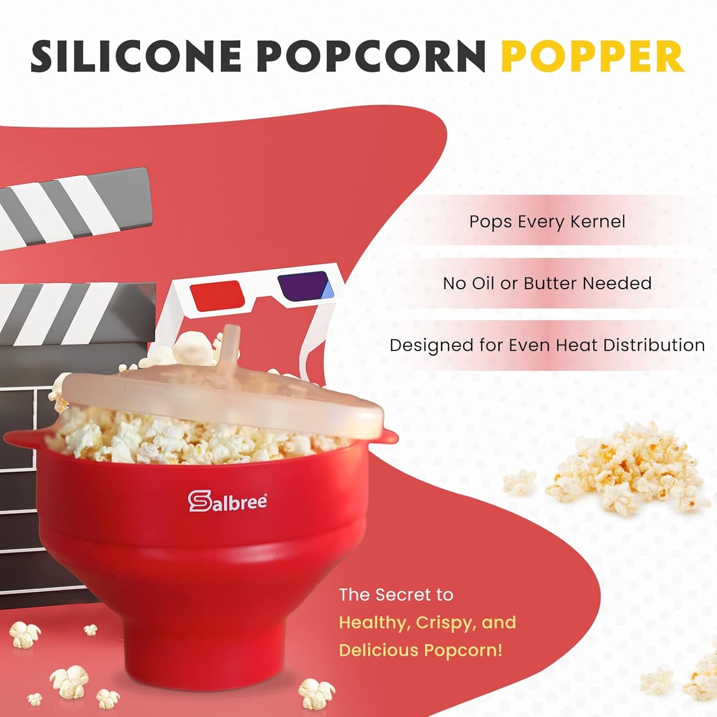 Salbree Collapsible Silicone Microwave Popcorn Popper - 16 Cup Capacity, Versatile & Colorful (Red)