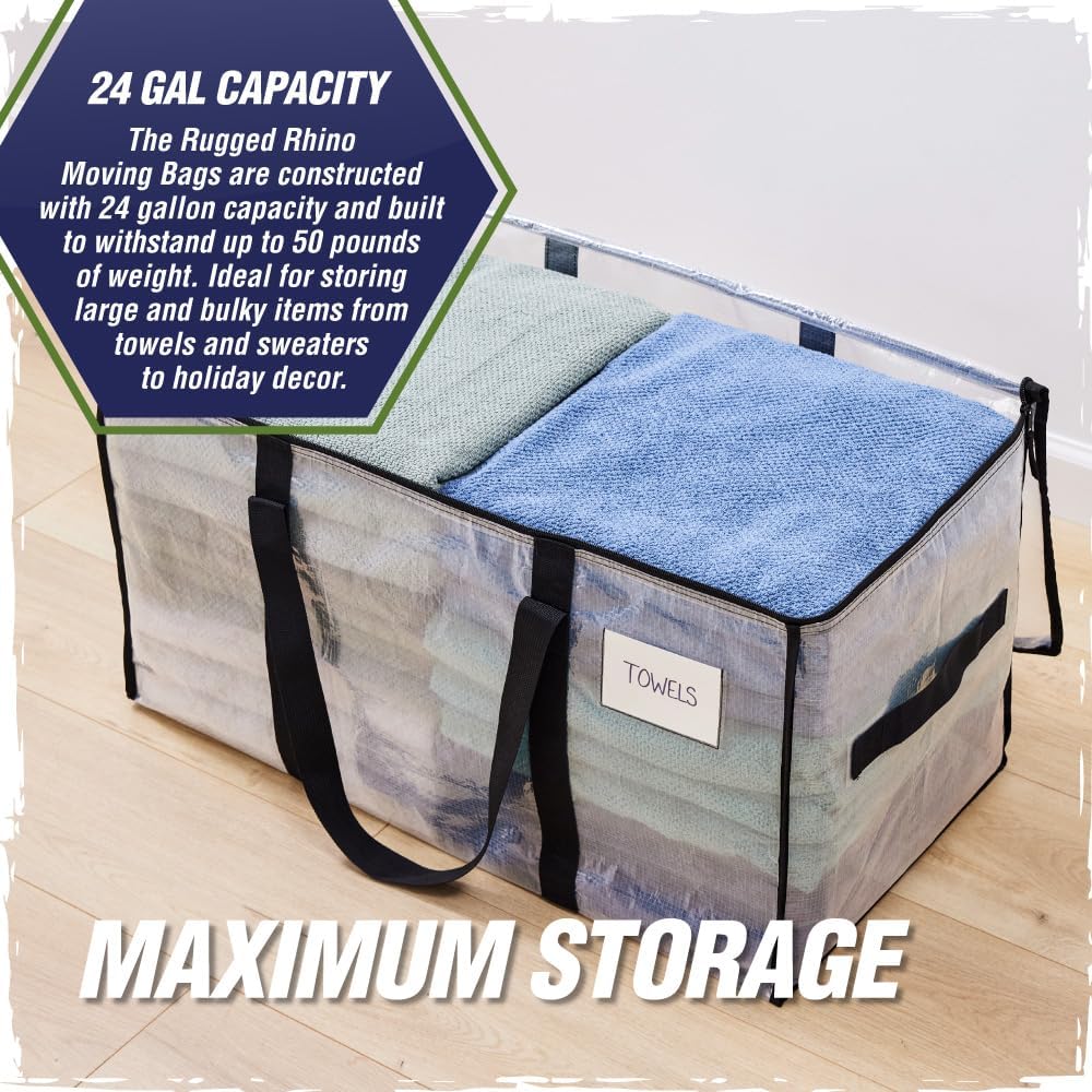 Rugged Rhino Heavy Duty Extra Large Moving Bags - Durable, Space-Saving Storage with Strong Handles & Zipper | Blue/Clear, 4 Pack