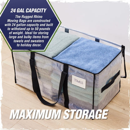 Rugged Rhino Heavy Duty Extra Large Moving Bags - Durable, Space-Saving Storage with Strong Handles & Zipper | Blue/Clear, 4 Pack