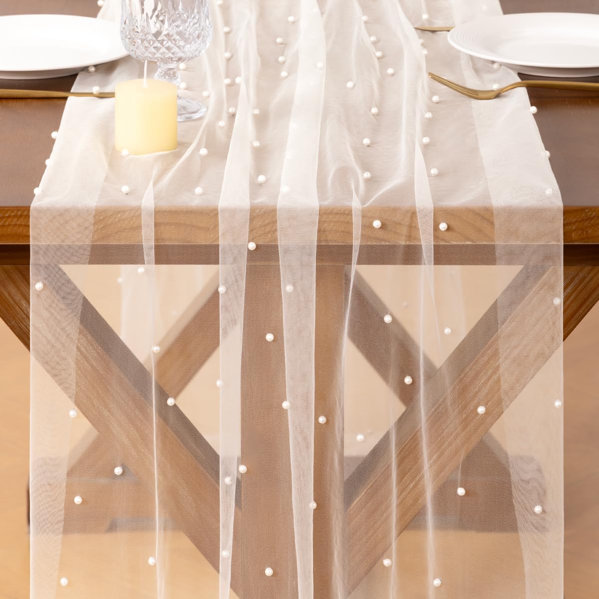 Socomi Pearl Table Runner - Elegant Tulle in Ivory White for Spring & Easter | 10FT Gauze Dining Decor