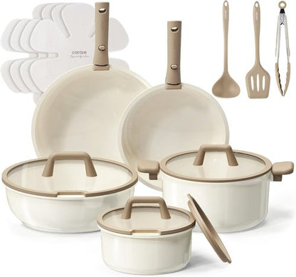 CAROTE 18-Piece Ceramic Cookware Set - Induction Nonstick Pots and Pans with Detachable Handle, Brown