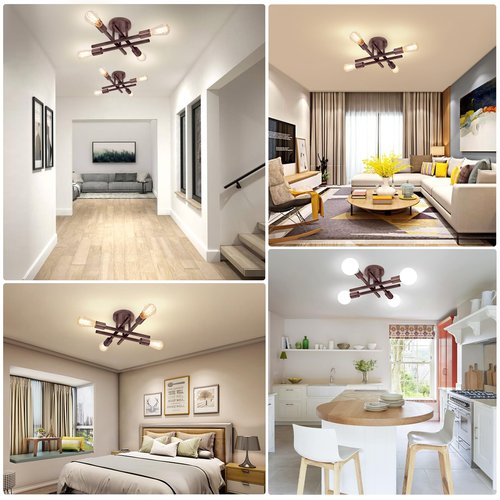 4-Light Semi Flush Mount Ceiling Light Fixture, Oil Rubbed Bronze Modern Industrial Sputnik Chandelier Light Fixture, Metal Flush Mount Ceiling Light for Kitchen Bedroom Living Room Closet, No Bulb