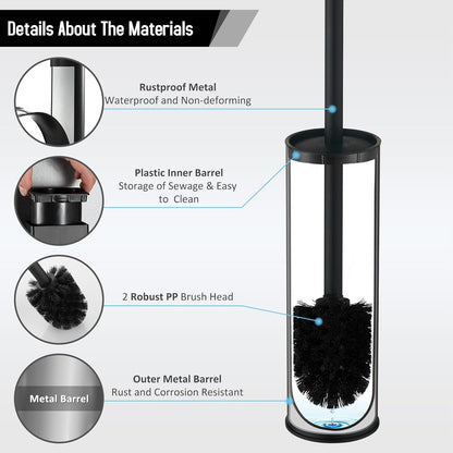 BGL Stainless Steel Toilet Brush - Durable Holder with 2 Black Bristle Heads for Effective Cleaning
