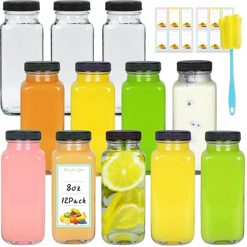 Dayify 12 Pack 8oz Glass Juice Bottles with Lids, 250ml Reusable Glass Juicing Bottles, Square Drinking Jars Drink Containers with Caps for Water, Milk, Ginger, Kombucha, Beverages