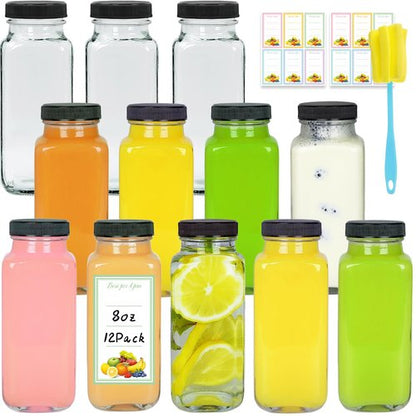Dayify 12 Pack 8oz Glass Juice Bottles with Lids, 250ml Reusable Glass Juicing Bottles, Square Drinking Jars Drink Containers with Caps for Water, Milk, Ginger, Kombucha, Beverages