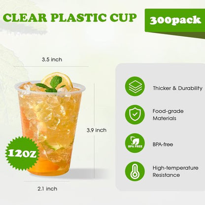Lilymicky 300 Pack Clear Plastic Cups - 12 oz Disposable Drinking Cups for Parties & Events