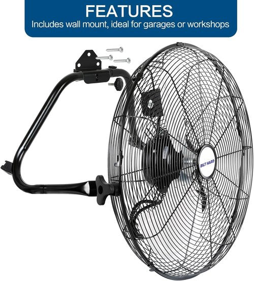 BILT HARD 4650 CFM 20" High Velocity Floor Fan, 3-Speed Heavy Duty Metal Fan with Wall-Mounting System, Industrial Shop Fan for Commercial, Garage, and Greenhouse