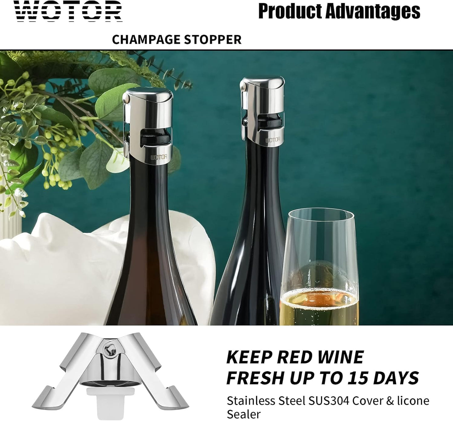 WOTOR Stainless Steel Champagne Stoppers - Champagne Bottle Stoppers with Silicone Seal, Reusable Cork & Saver, Suitable for Prosecco & Sparkling Wine, Silver, 3 Pack