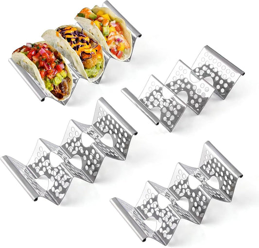 Skiennix Taco Holders Set of 4 - Stainless Steel Taco Stands with Easy-Access Handle | Fits Microwave & Oven