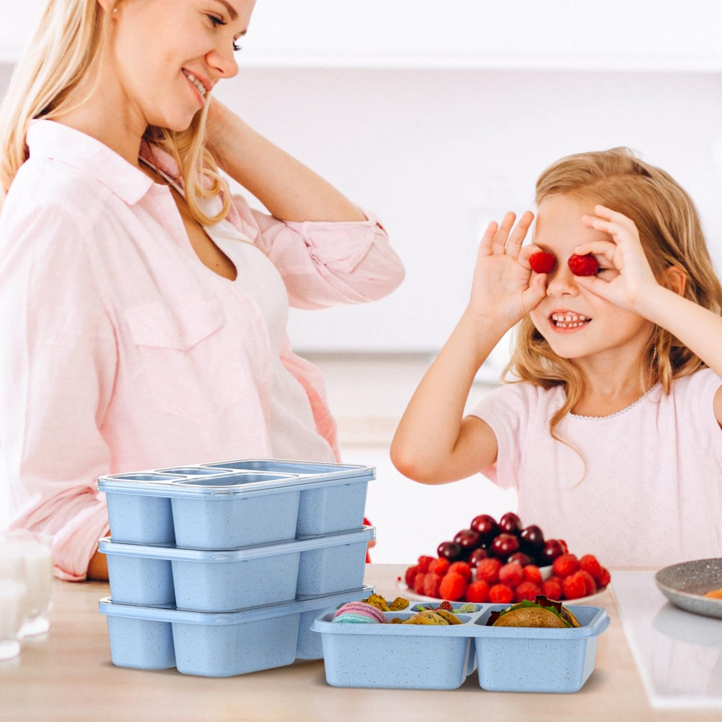 Bento Box for Adults and Snack Containers Set of 4 - Stackable, with 4 Compartments, Microwave & Dishwasher Safe, BPA Free - Reusable Meal Prep Containers for Kids and Adults (Blue)