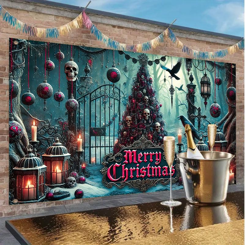 Gothic Christmas Banner Large 71x43 Inch Holiday Fabric Backdrop with Skull Tree Ravens Candles - Multicolored