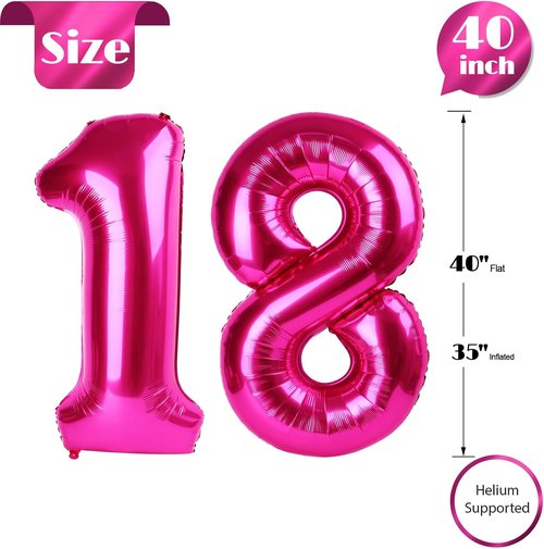 Hot Pink Number 18 Balloons - 40 Inch Birthday Decorations for 18-Year-Old Women | Party Supplies