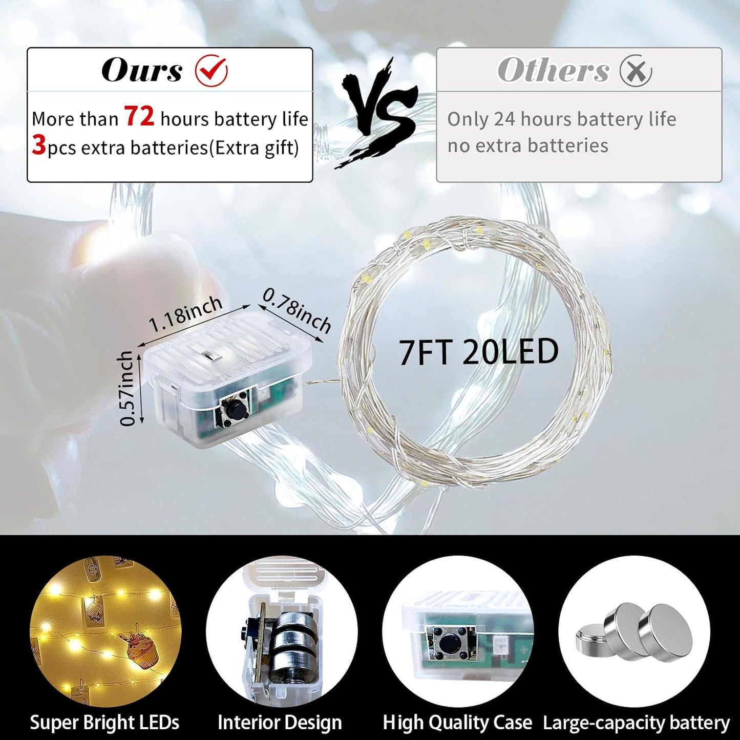 Skiennix 8 Pack White Fairy Lights - 7Ft 20 LED Twinkle String Lights | Battery Operated & Waterproof for Weddings, Parties, and Home Decor