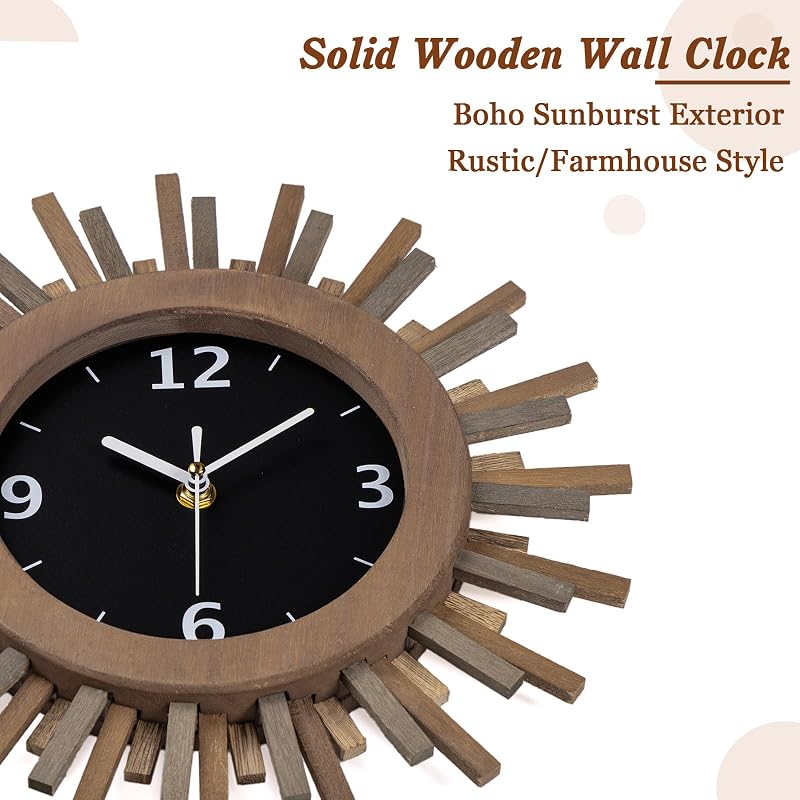 Tricolor 12 Inch Silent Sunburst Rustic Wood Wall Clock - Battery Operated