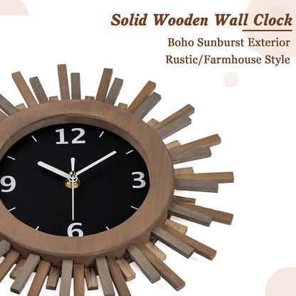 Tricolor 12 Inch Silent Sunburst Rustic Wood Wall Clock - Battery Operated