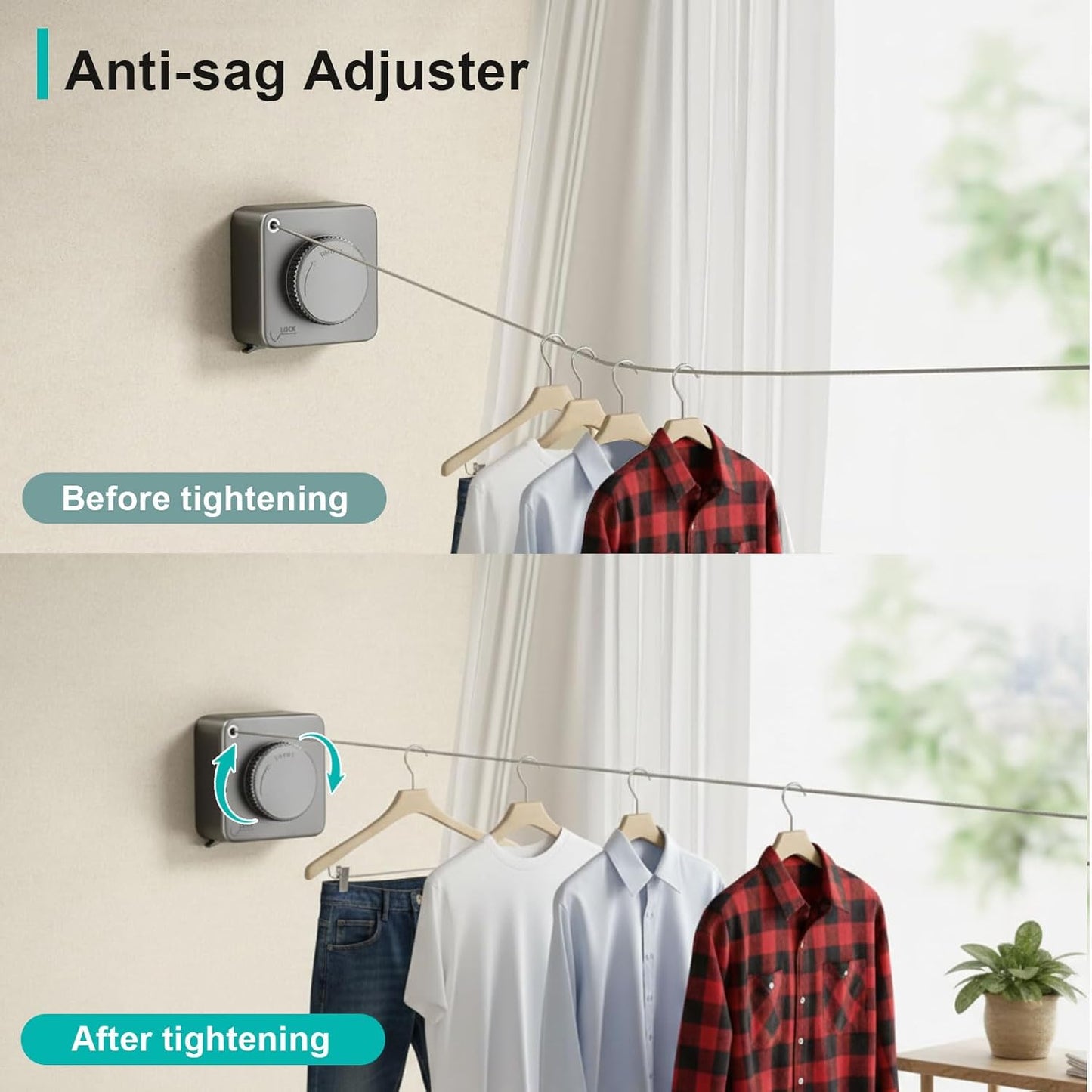 Skiennix Retractable Clothesline - 15ft Heavy Duty Anti-Sag Drying Rope for Indoor/Outdoor Use | Light Gray