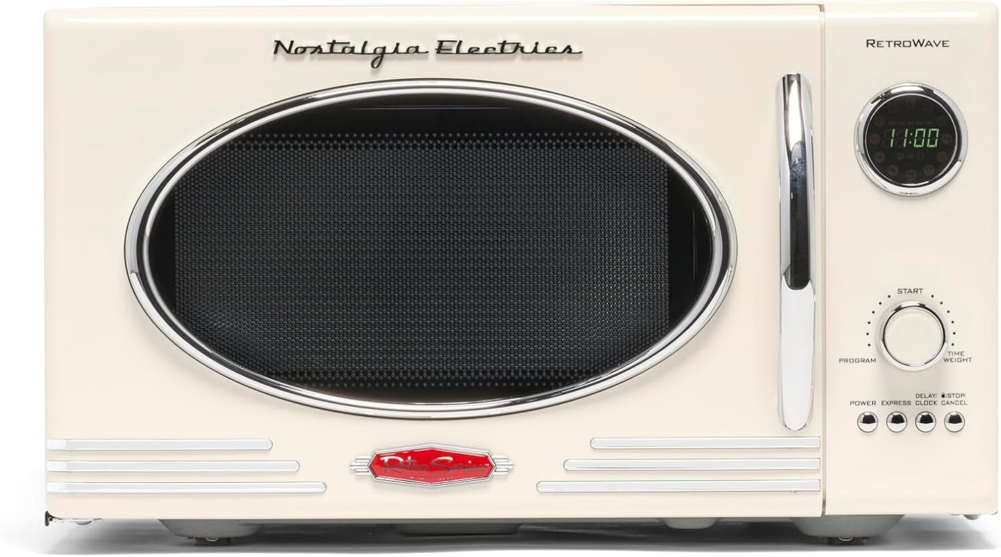 Nostalgia Retro Microwave Oven - 800-Watt Power - 0.9 Cu Ft - 12 Cooking Settings - Ivory Finish