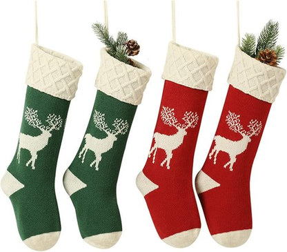 GOER Knit Christmas Stockings - 18" Elk Pattern | Set of 4 Festive Holiday Decor
