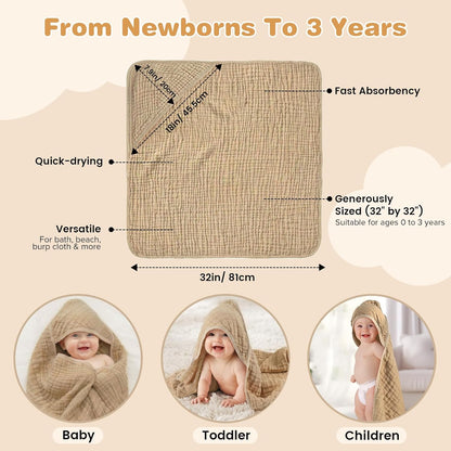 Skiennix Hooded Baby Bath Towels - Soft 100% Muslin Cotton, 6-Layer Absorbent, 32x32 Inch, Unisex 2 Pack